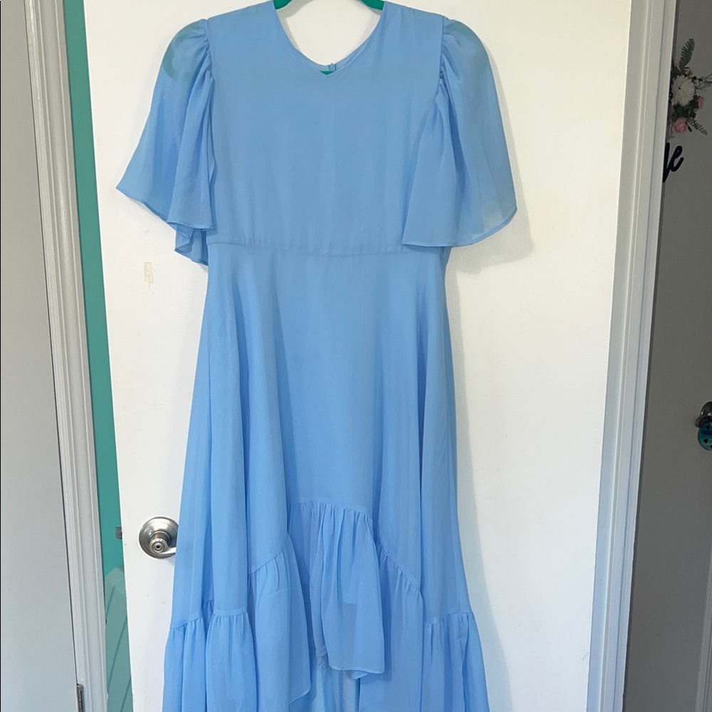 Elegant Light Blue Ruffle Dress A line V neck high low long dress